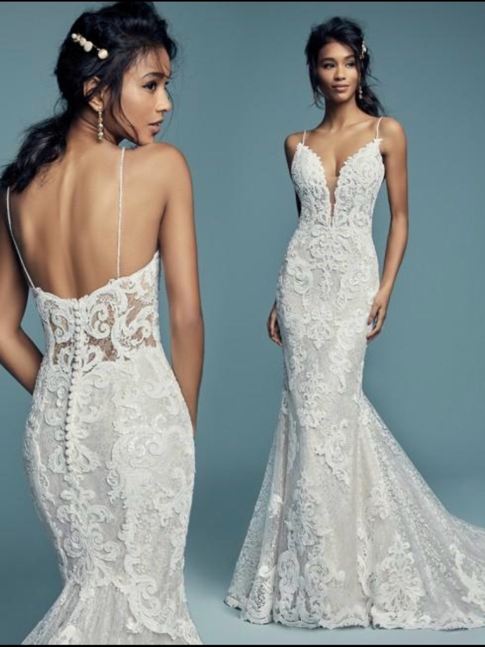 Maggie Sottero White Lace Mermaid Bridal Gown with Plunging V-Neck